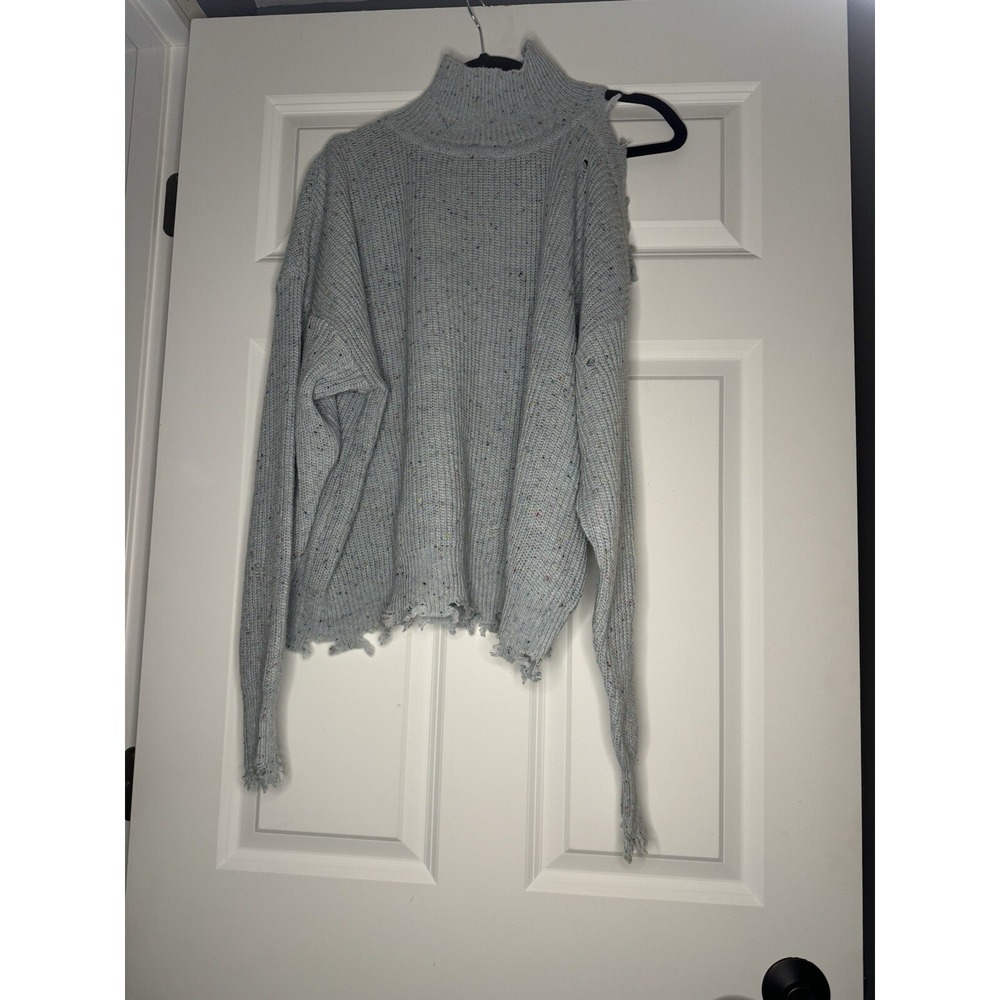 Zenana Marled Mock Neck Cold Shoulder Sweater Xl Light Blue Mix Distressed